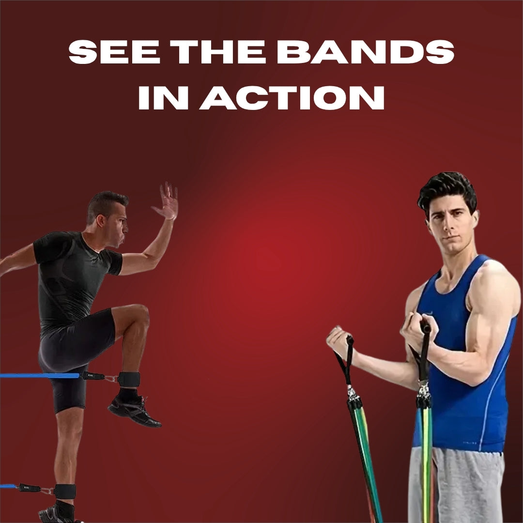 Two men using resistance bands against a red background with 'Product in Use' text.