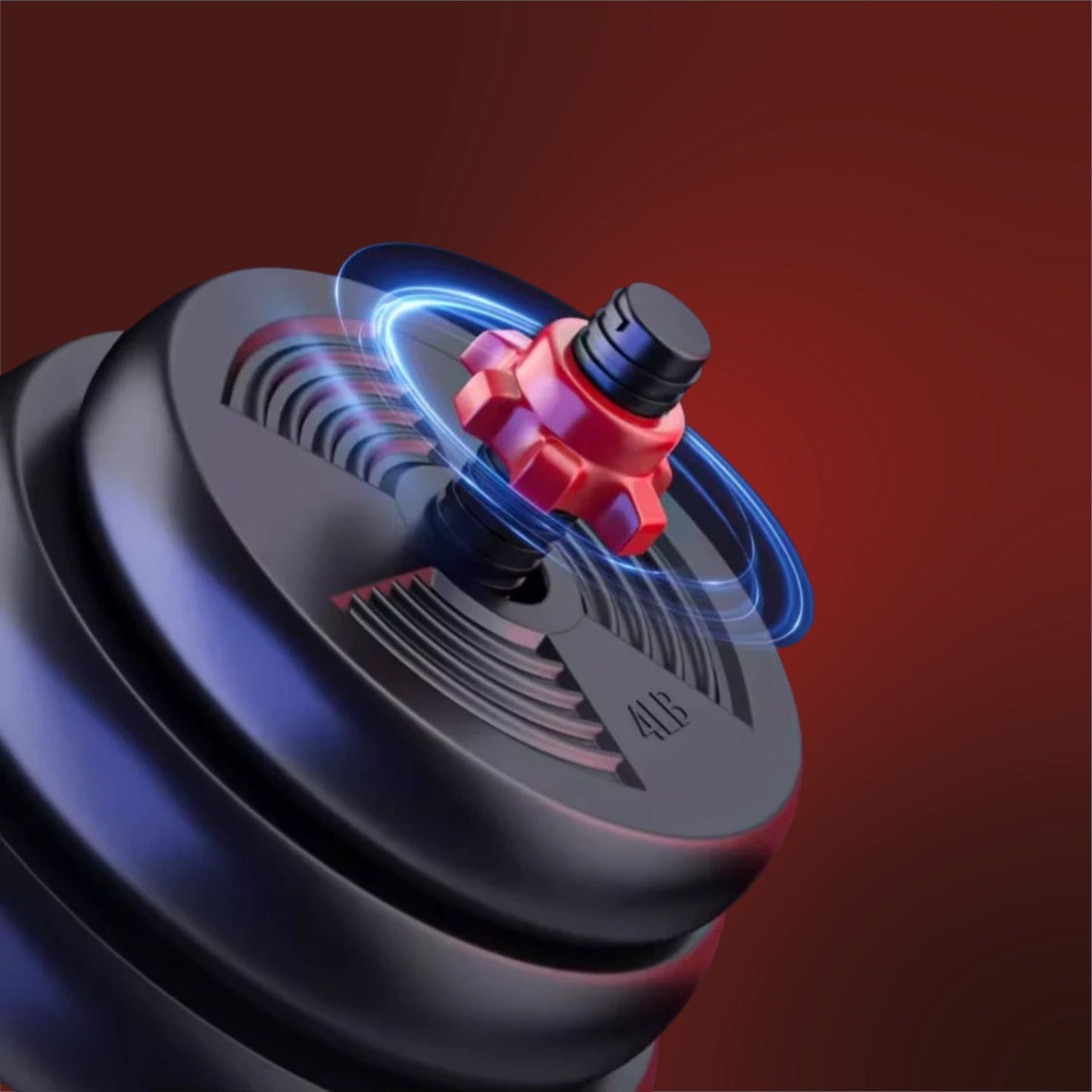 Close-up of a mechanical component with red and black parts on a gradient background