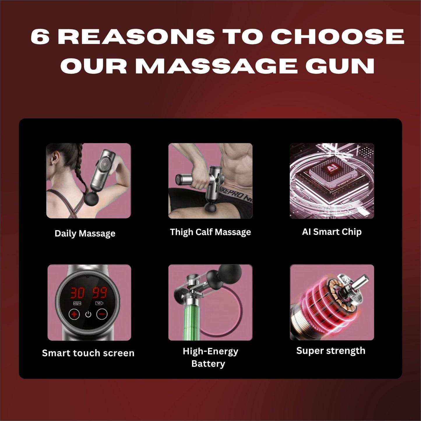 Promotional graphic for a massage gun with features and benefits highlighted.
