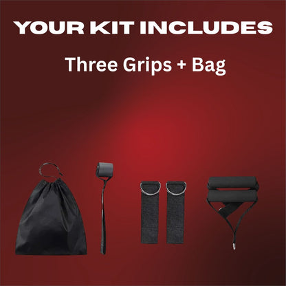 Product set with three grips and a bag on a red background