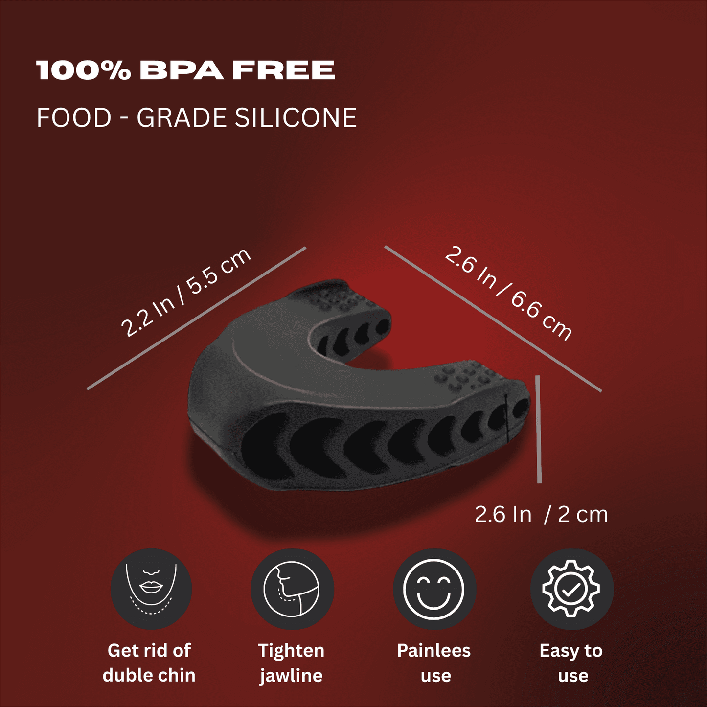 Silicone BPA-free jaw exerciser with size measurements