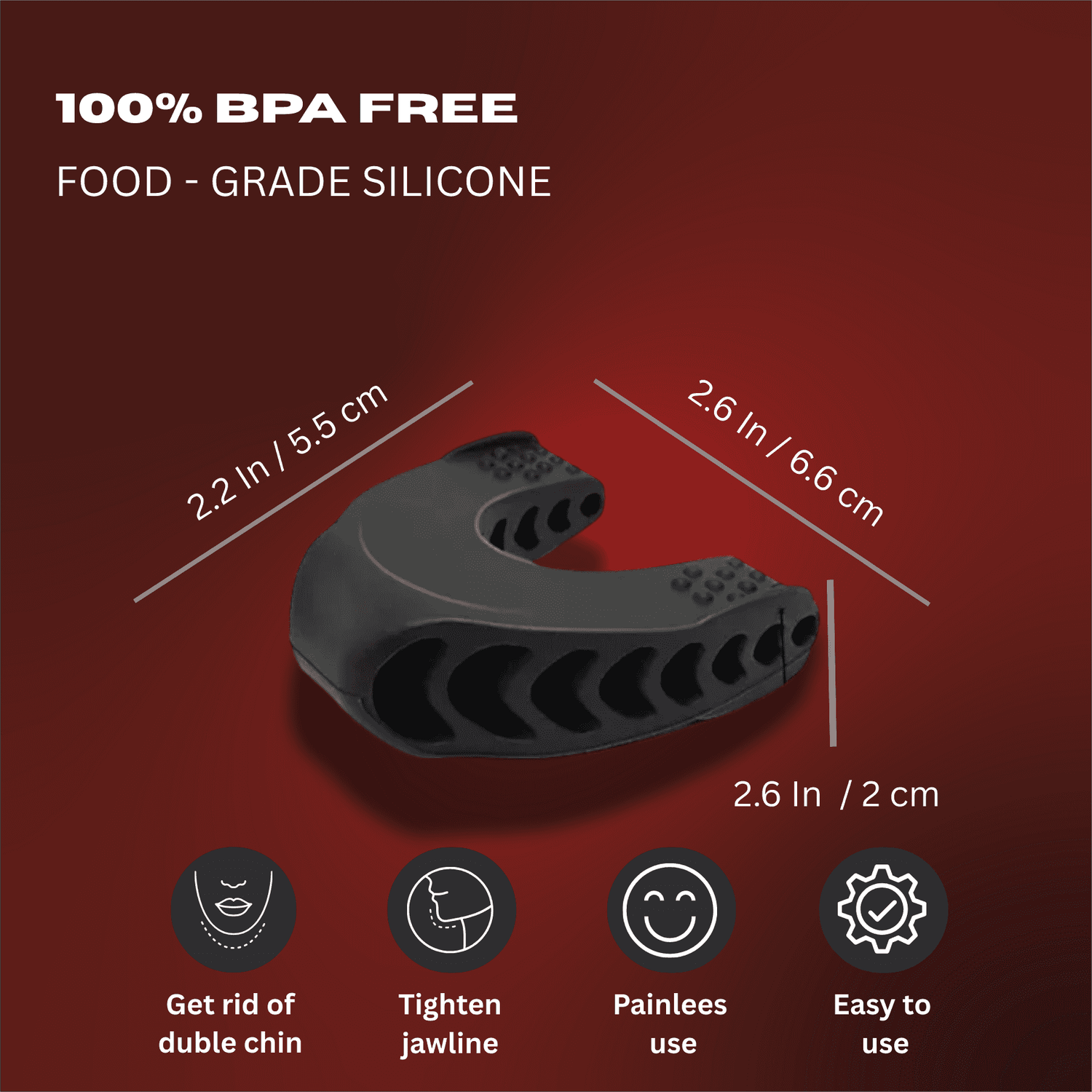 Silicone BPA-free jaw exerciser with size measurements