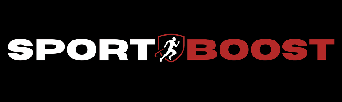 Sport Boost logo with white text and red accents on a black background