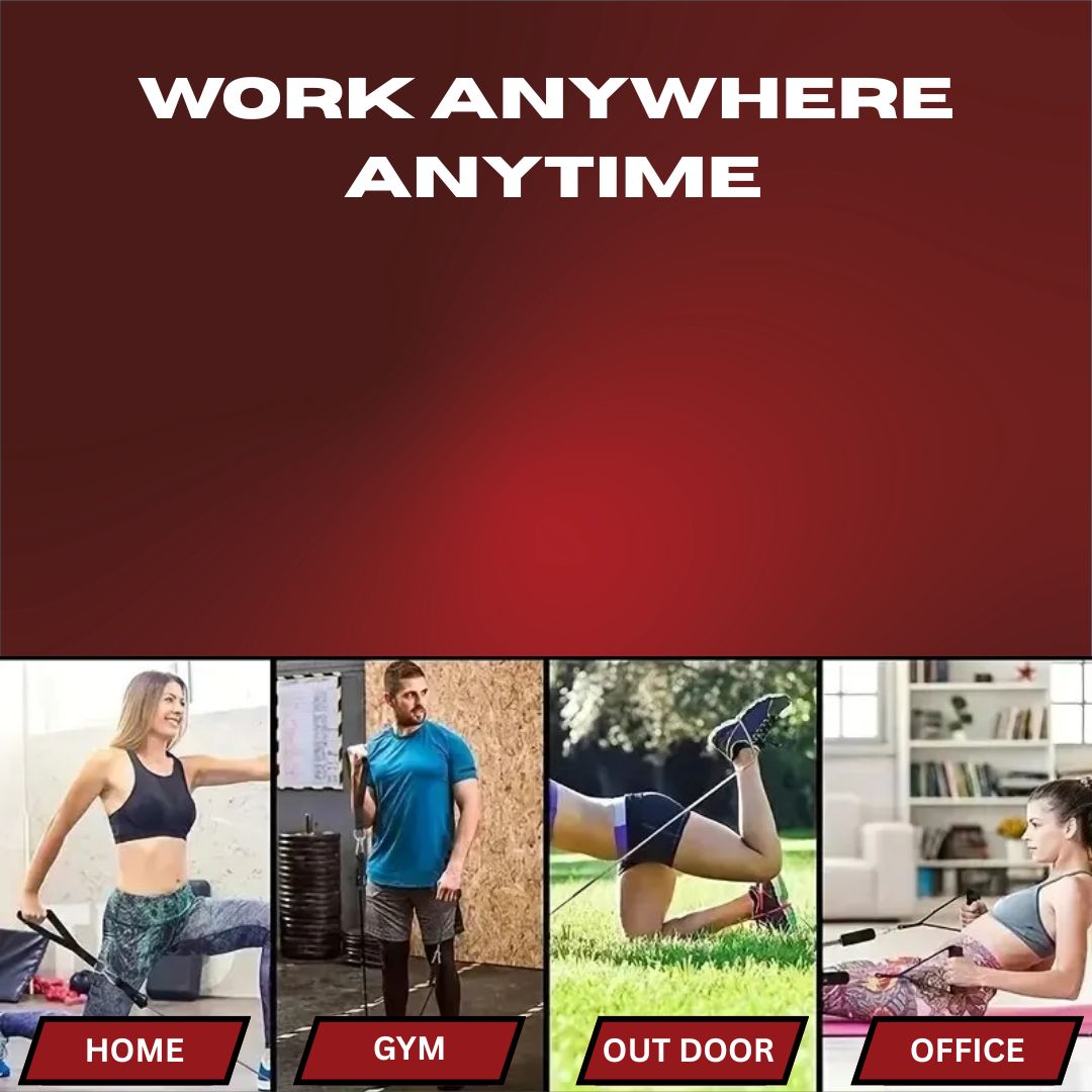 Collage of people exercising in different settings with 'Work Anywhere Anytime' text on a red background.