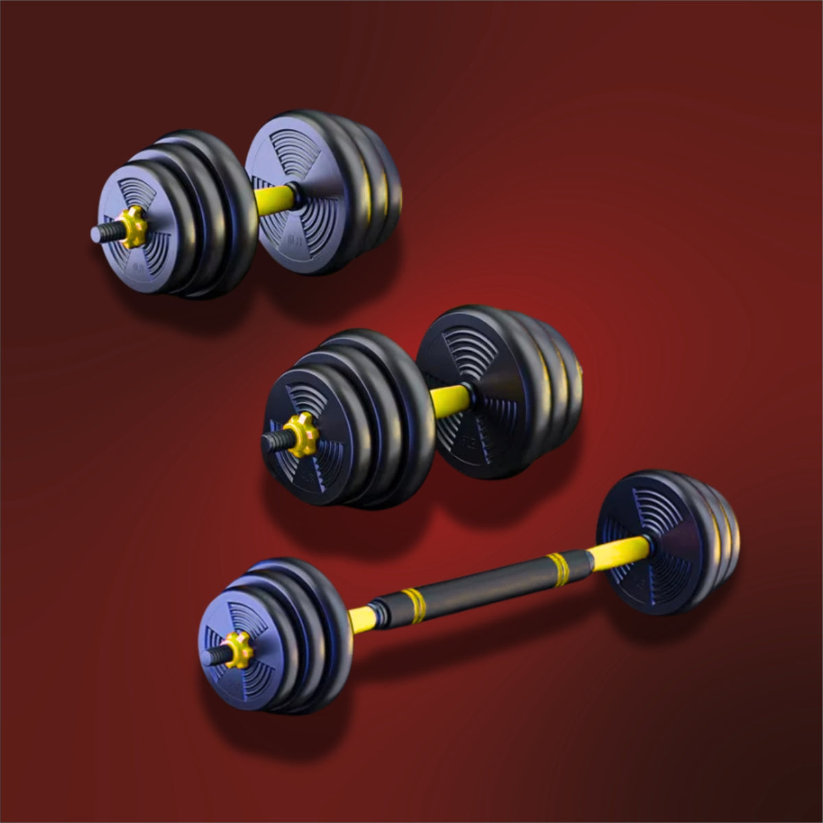 Set of adjustable dumbbells on a red background