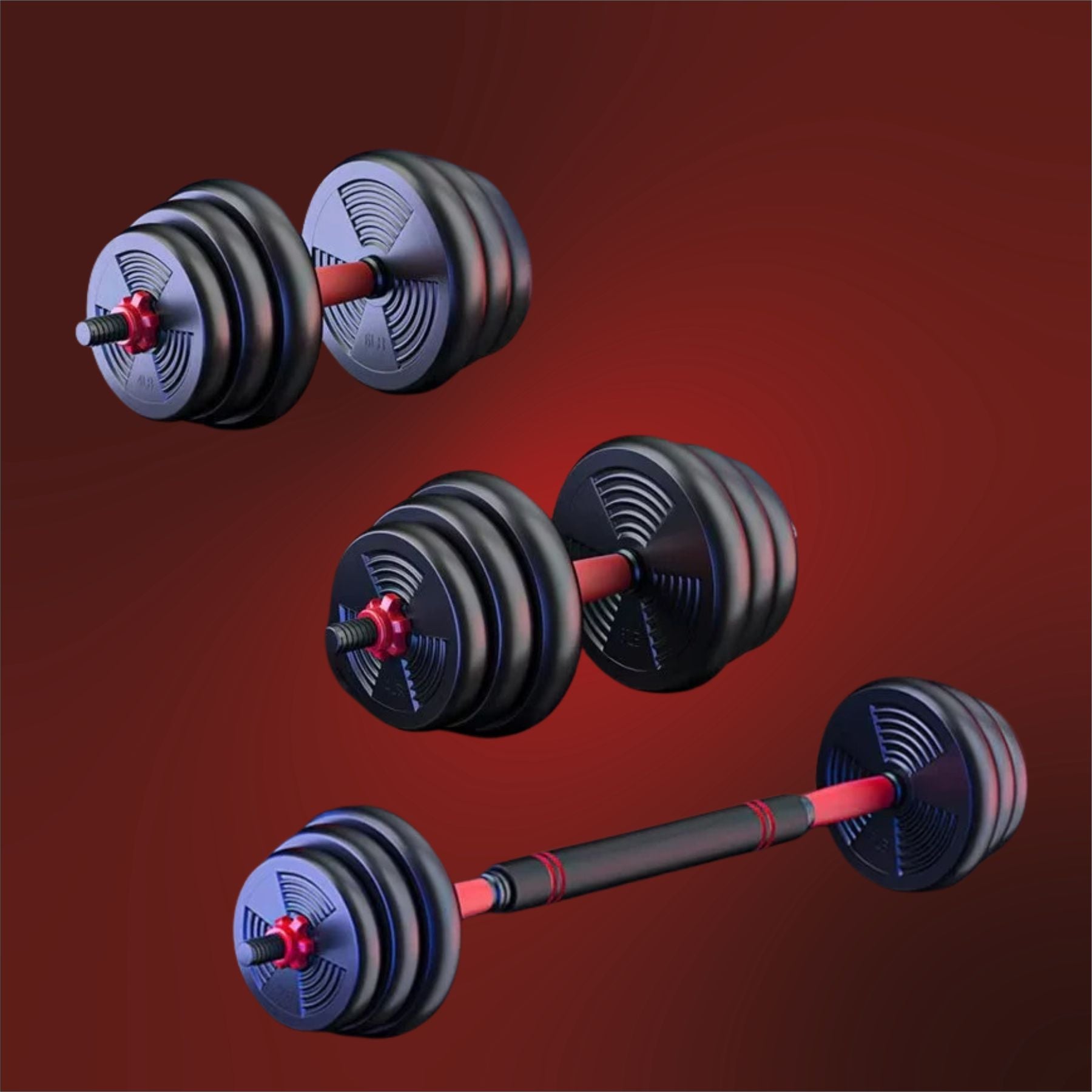 Set of adjustable dumbbells on a red background
