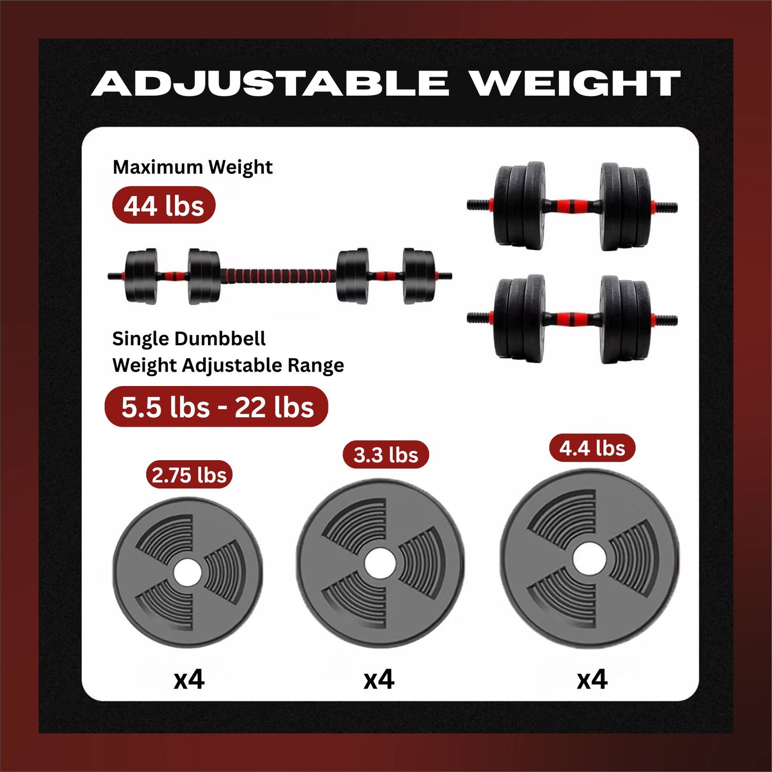 Adjustable weight system with dumbbells and weight plates on a black background