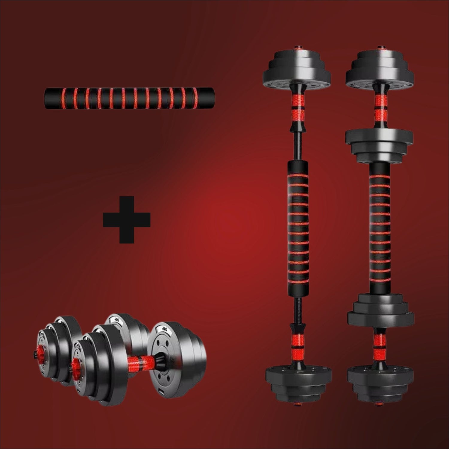 Pair of adjustable dumbbells with red accents on a red background