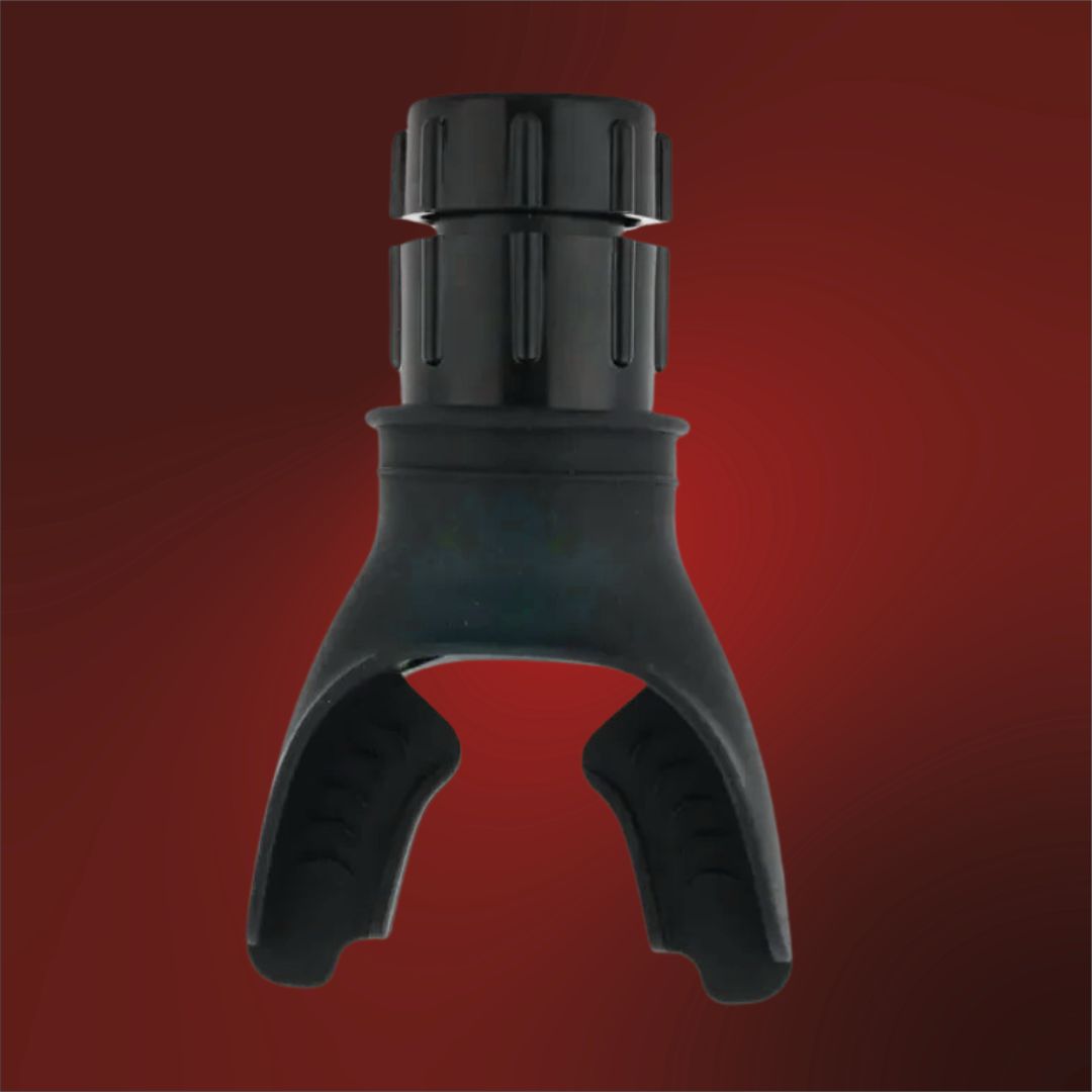 Close-up view of the silicone mouthpiece and adjustable resistance dial of a black lung expander device.