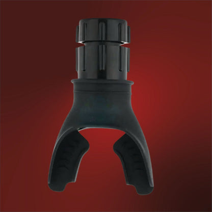 Close-up view of the silicone mouthpiece and adjustable resistance dial of a black lung expander device.
