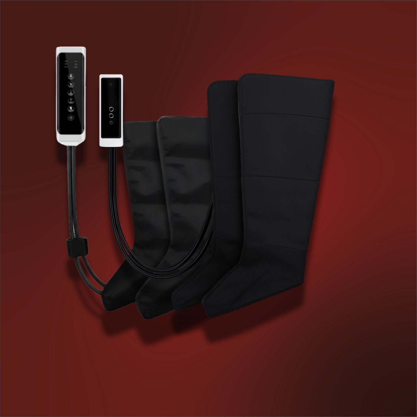 Black compression stockings with control panel on a red background