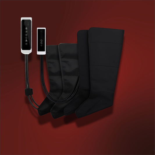 Black compression stockings with control panel on a red background