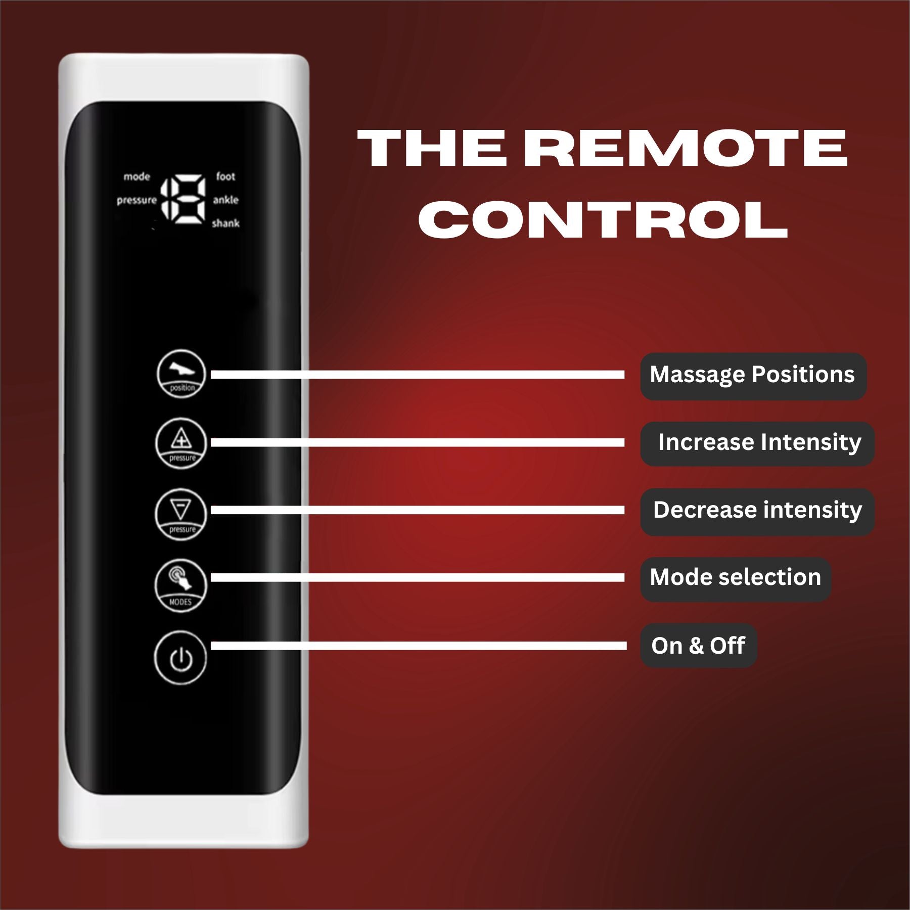Remote control with labeled buttons on a red background