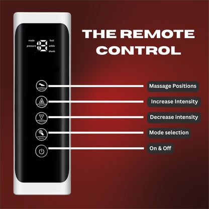 Remote control with labeled buttons on a red background