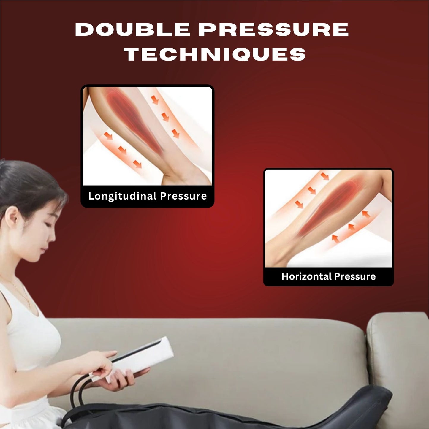 Woman using a device with text on double pressure techniques against a red background