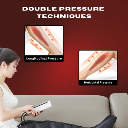 Woman using a device with text on double pressure techniques against a red background