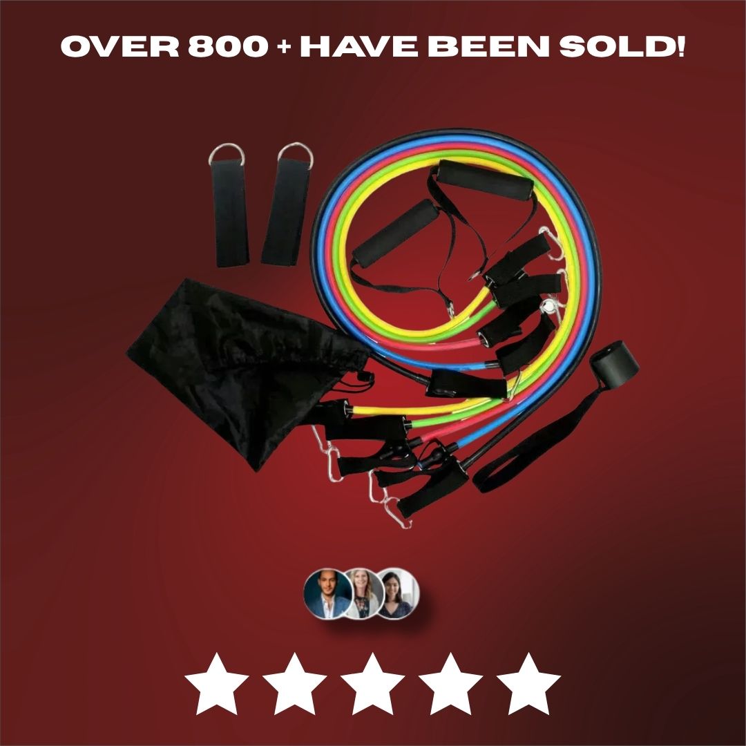 Colorful resistance band set with black straps on a red background, featuring text and star ratings.