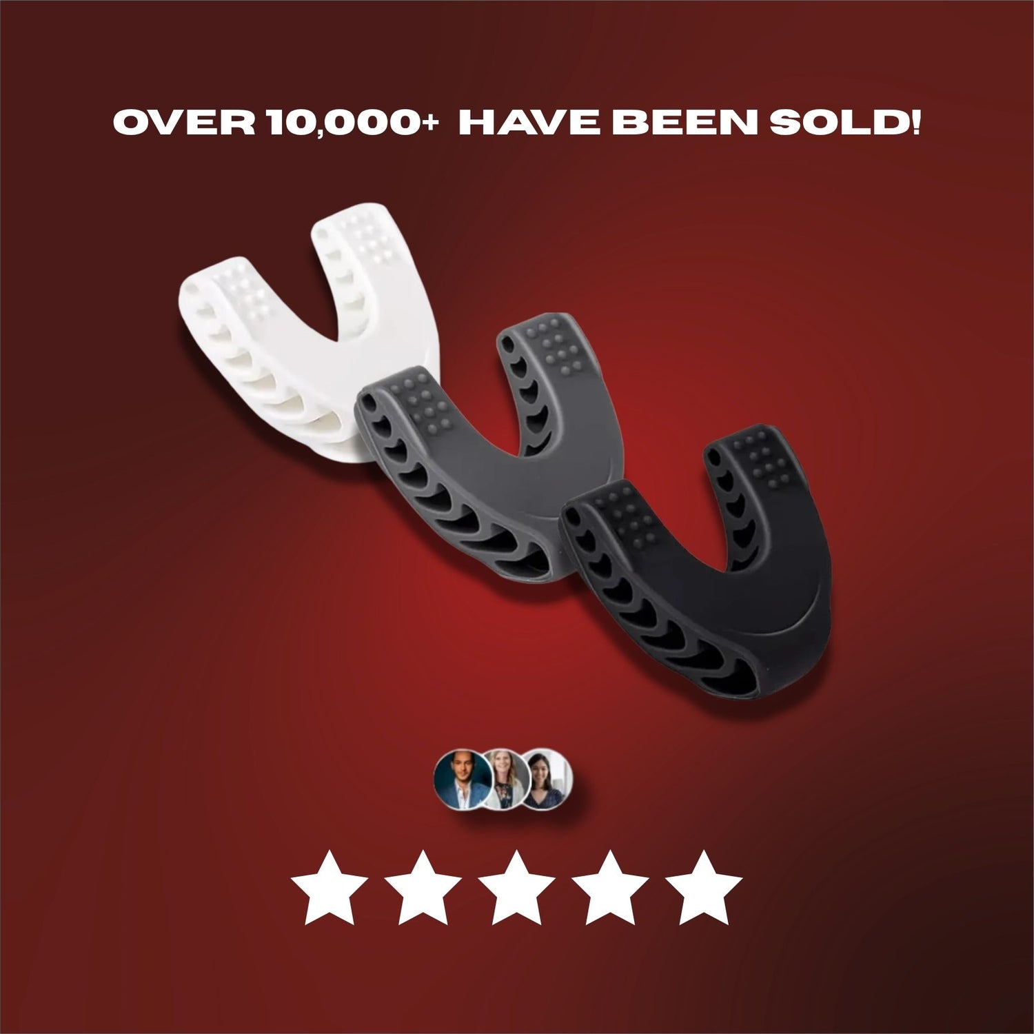 Black and white mouthguard with customer testimonials on a red background