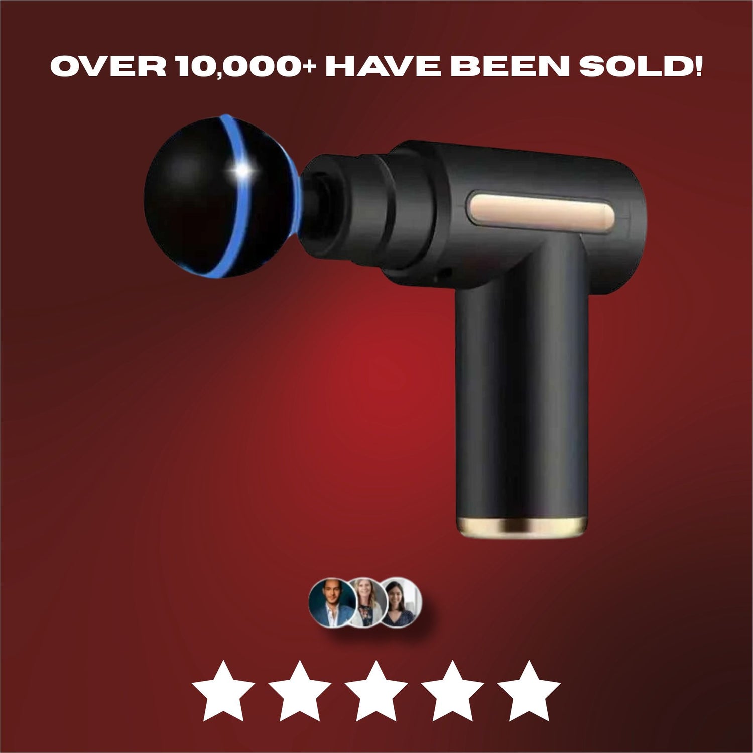 Black handheld device with a blue light on a red background, featuring text about sales and star ratings.