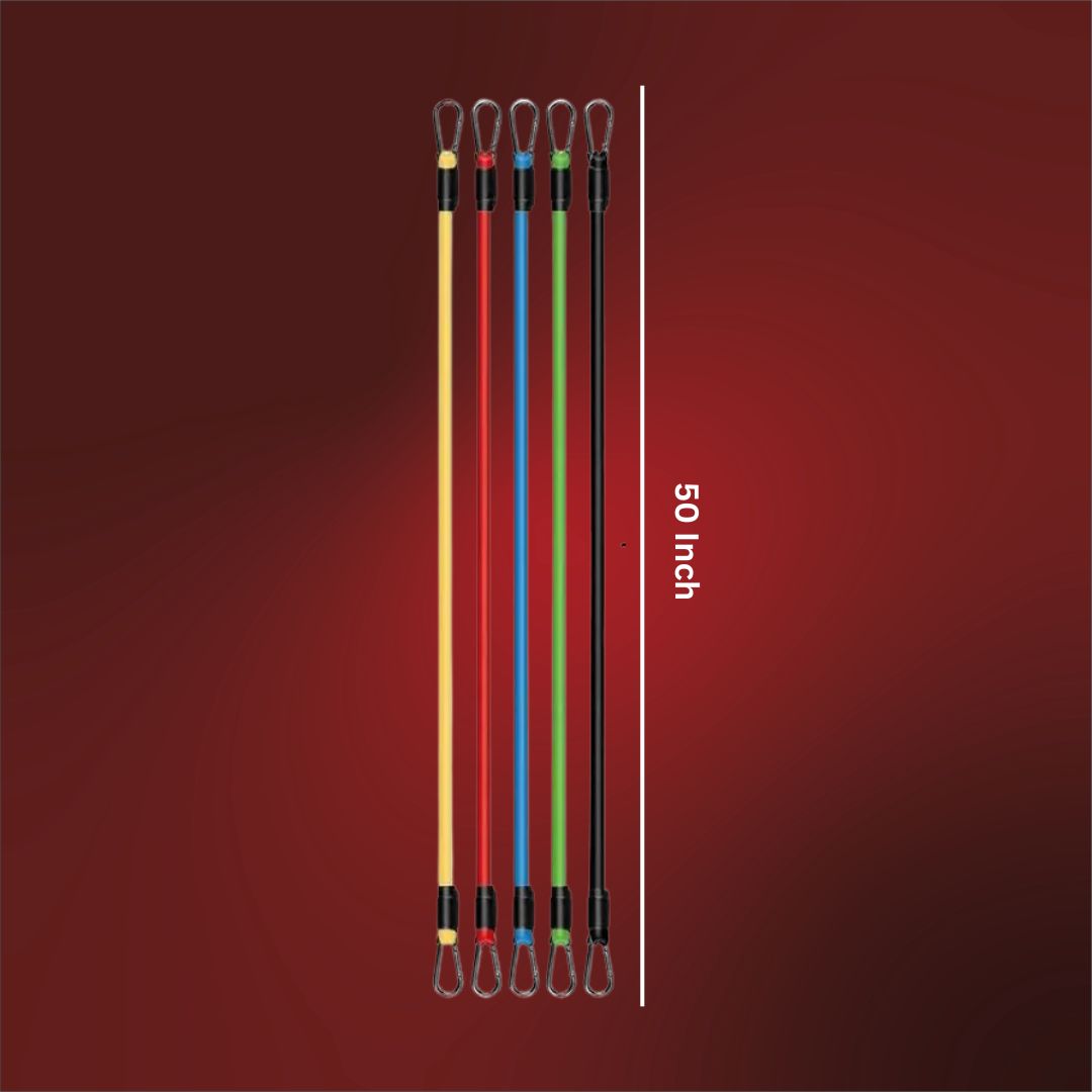 Set of five resistance bands in different colors with a measurement indicator on a red background