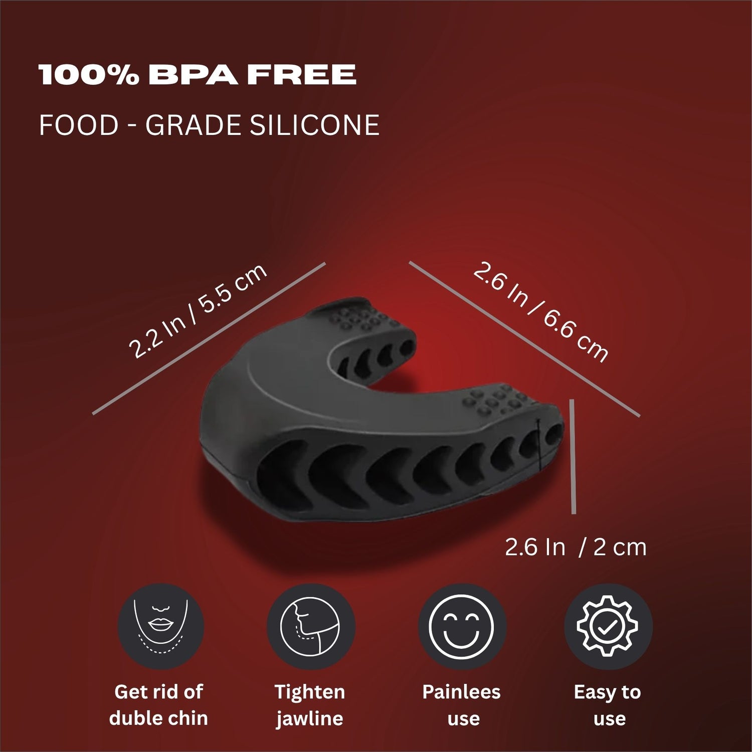 Black silicone tool with measurements and features on a red background