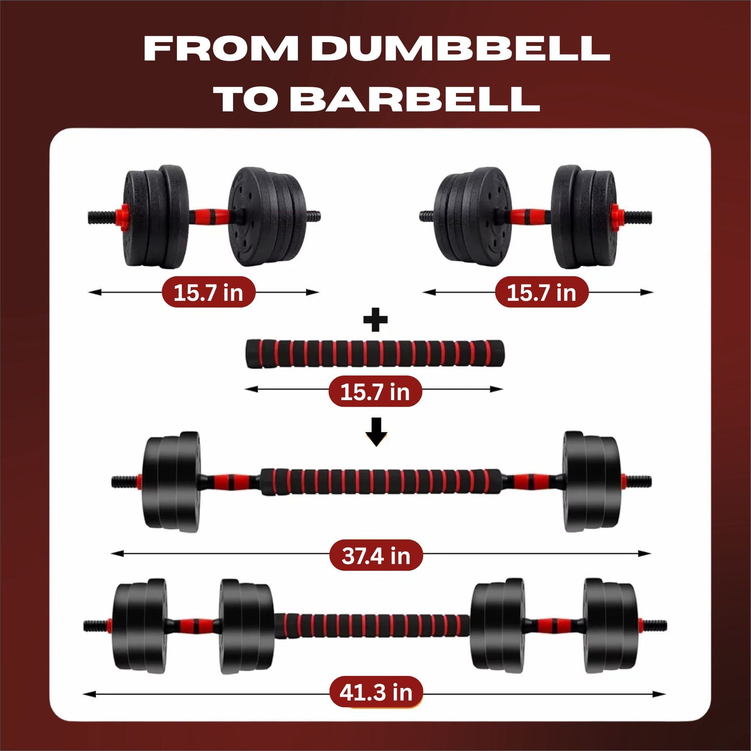 Diagram showing the transformation from dumbbells to a barbell with measurements.