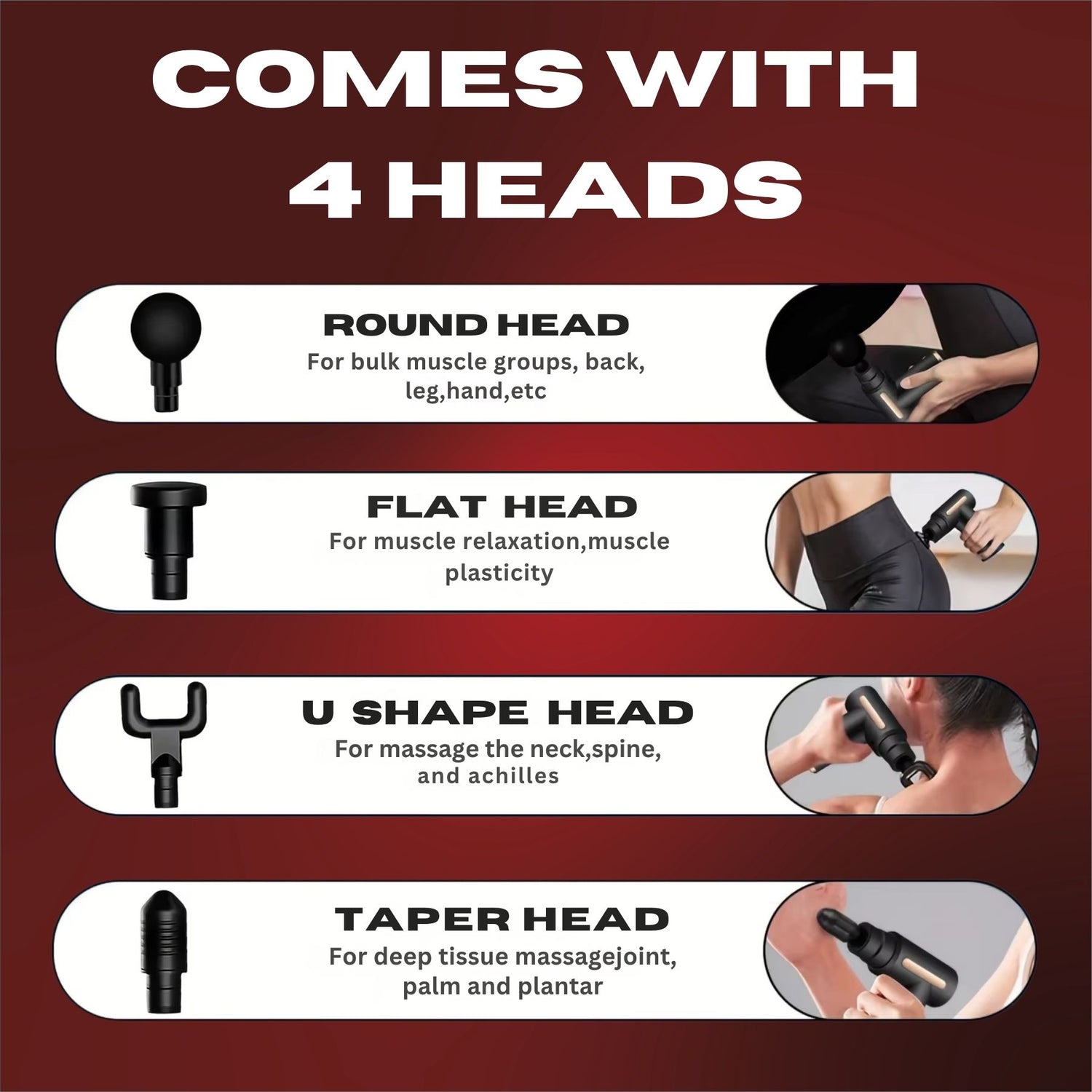 Product feature card with four massage head types on a red background