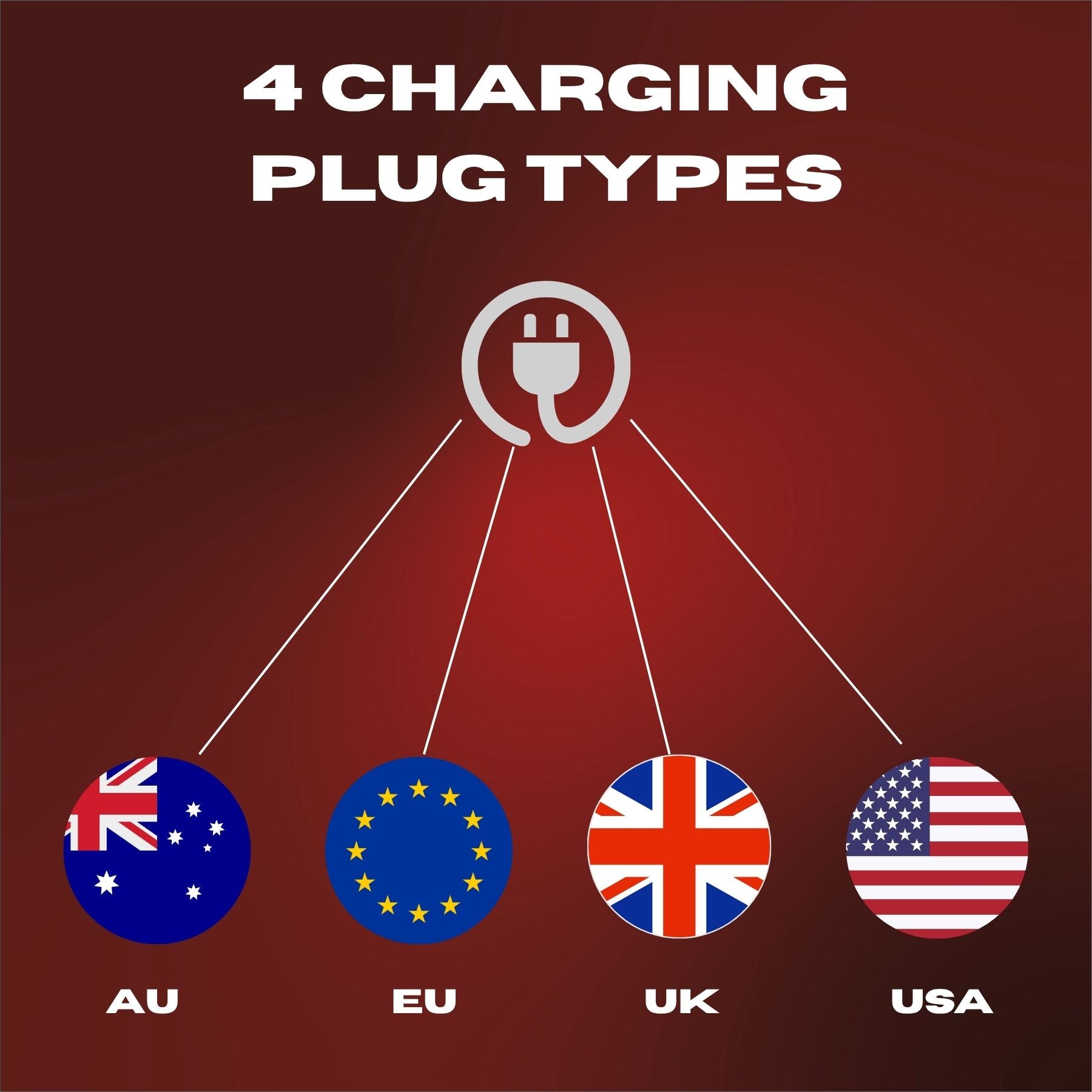 Diagram showing four charging plug types with corresponding flags on a red background