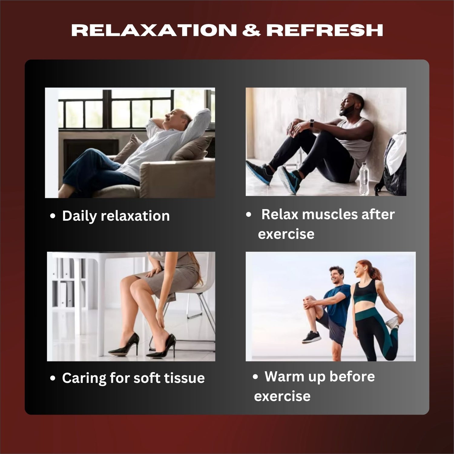 Promotional graphic for relaxation and refresh with lifestyle images and text on a dark red background.