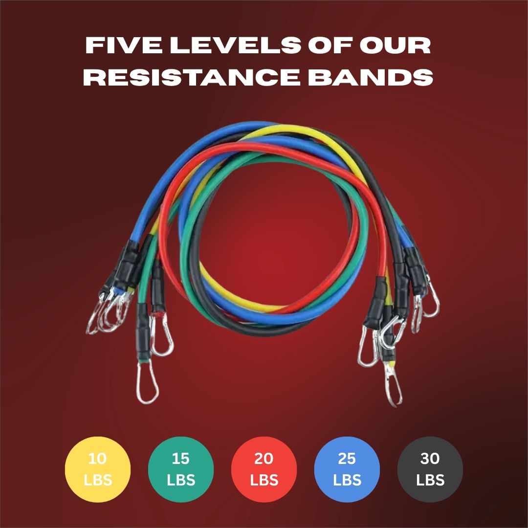 Set of resistance bands with color-coded levels on a red background