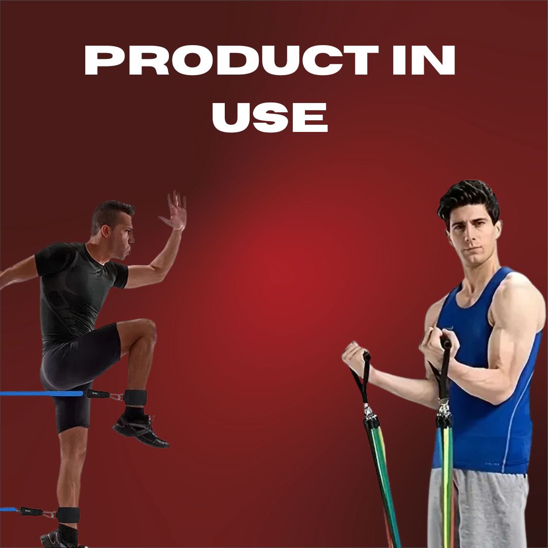 Two men using resistance bands against a red background with 'Product in Use' text.