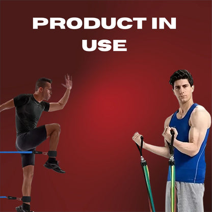 Two men using resistance bands against a red background with 'Product in Use' text.