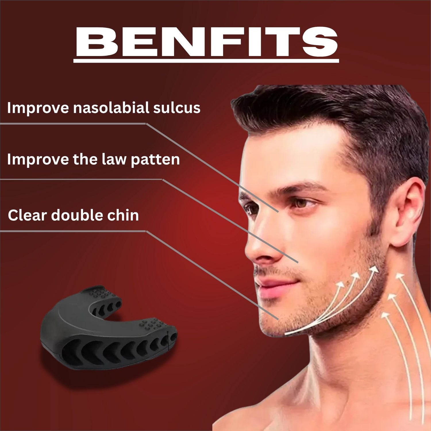 an image showing a man's face with text highlighting benefits and a lung trainer on a red background