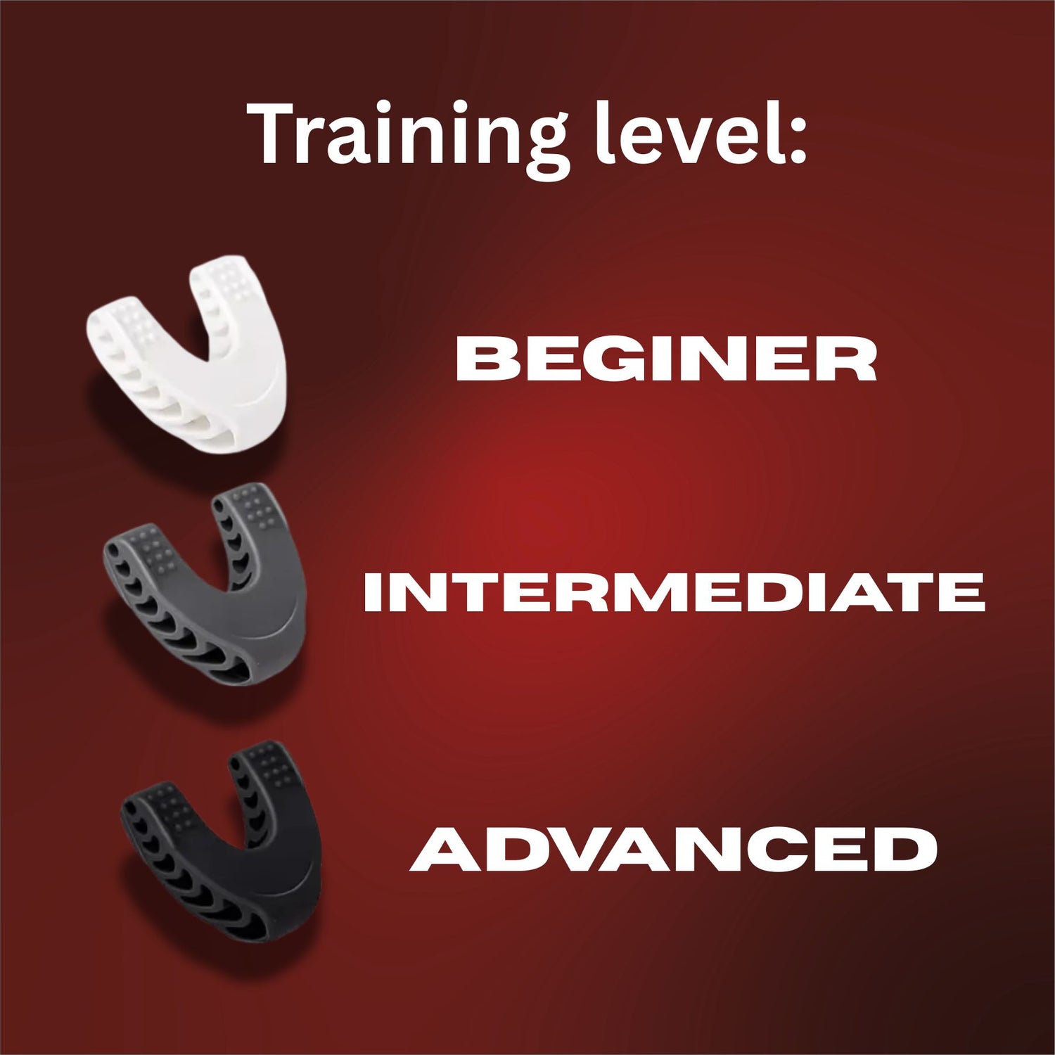 Three mouthguards labeled 'Beginner', 'Intermediate', and 'Advanced' on a red background.