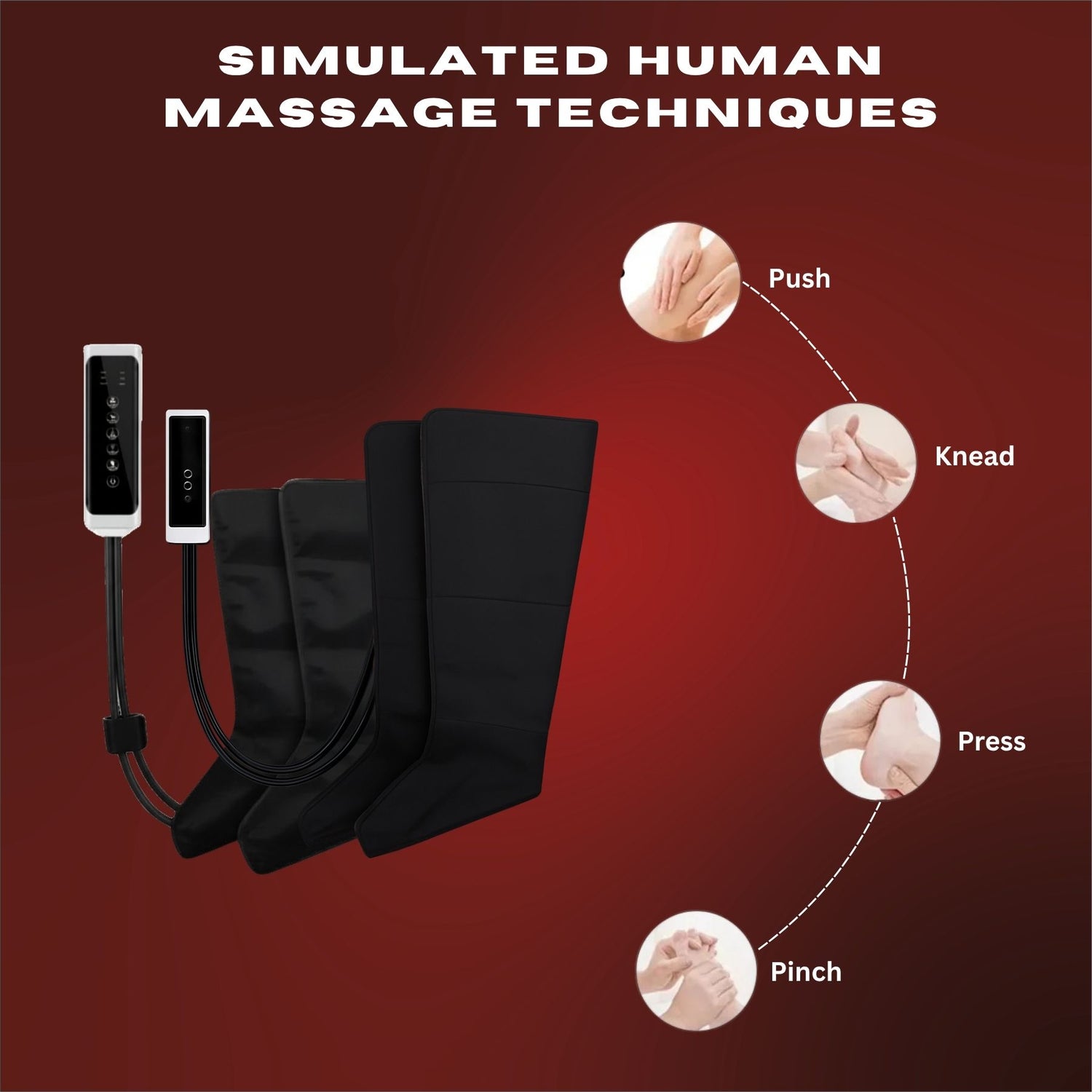 Massage device with control panel and massage simulation on a red background