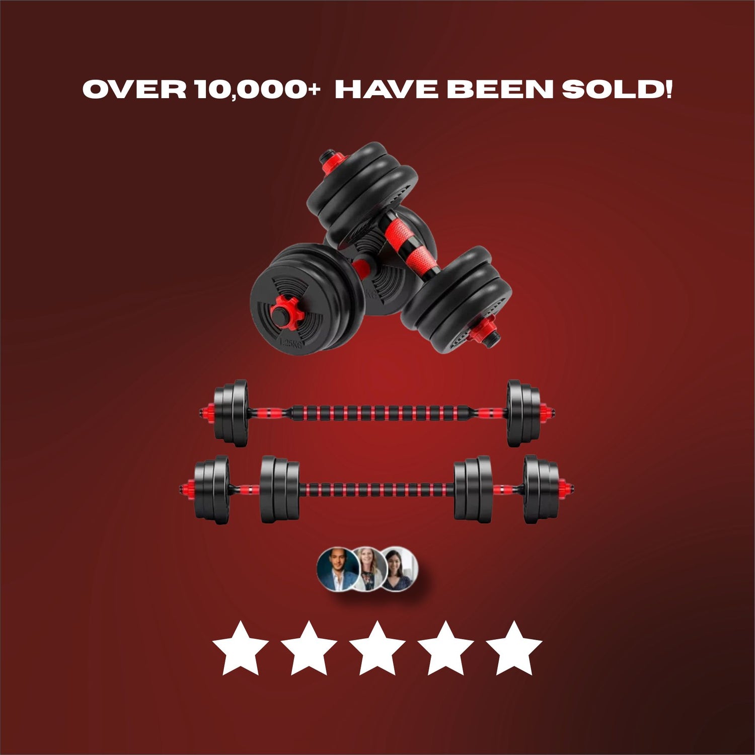 Set of adjustable dumbbells with a red background and text indicating sales figures and product rating.
