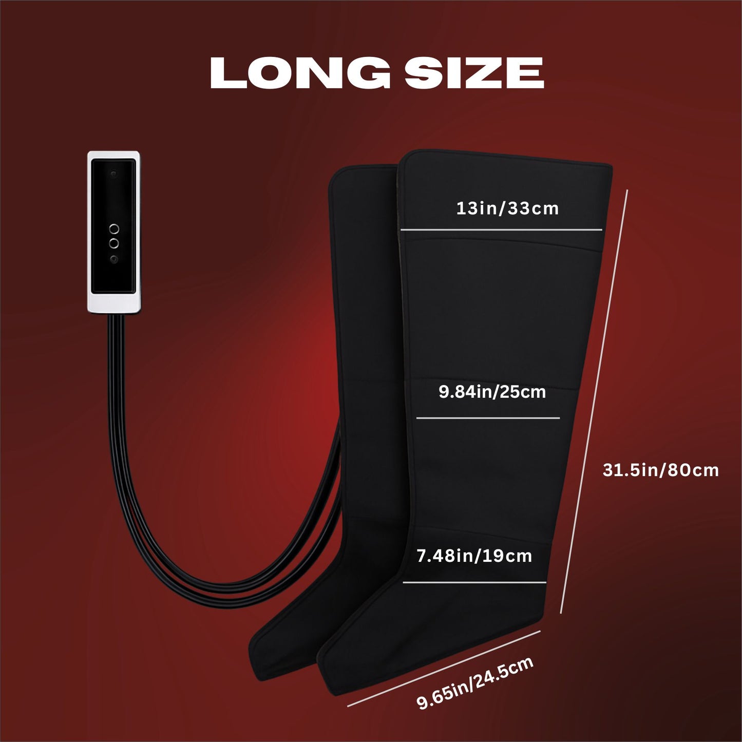 Black heating boot with remote control and measurement details on a red background
