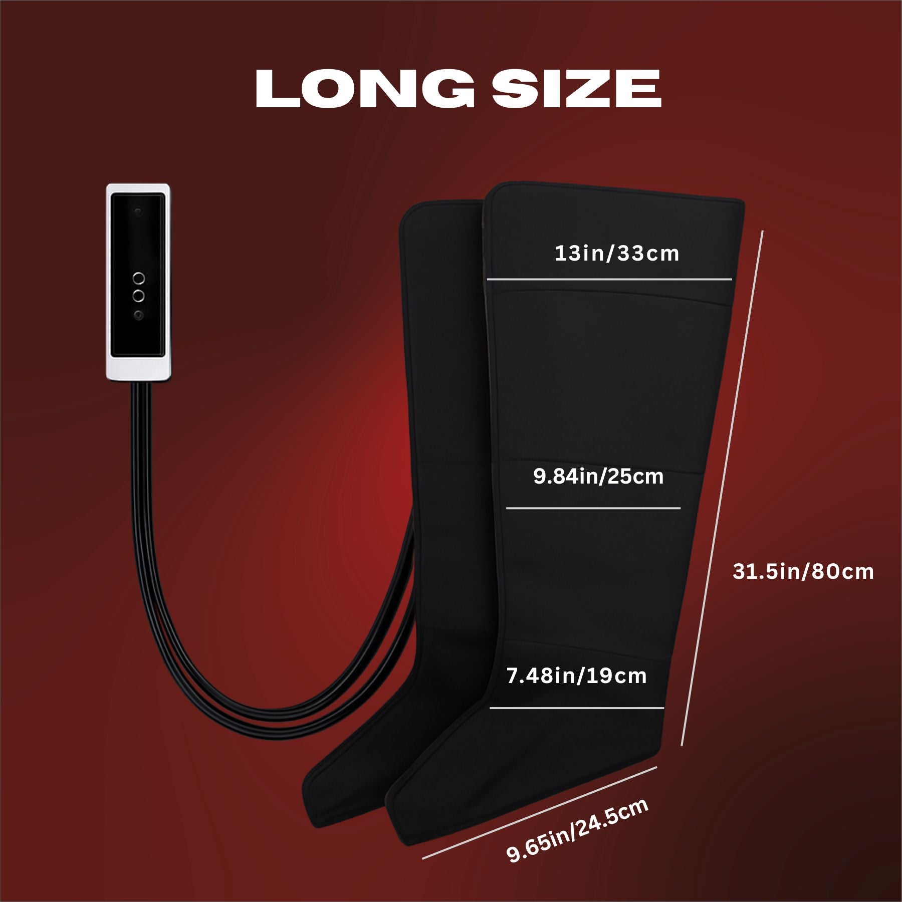 Black heating boot with remote control and measurement details on a red background