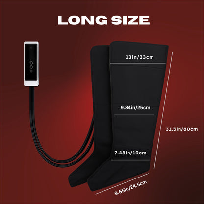 Black heating boot with remote control and measurement details on a red background