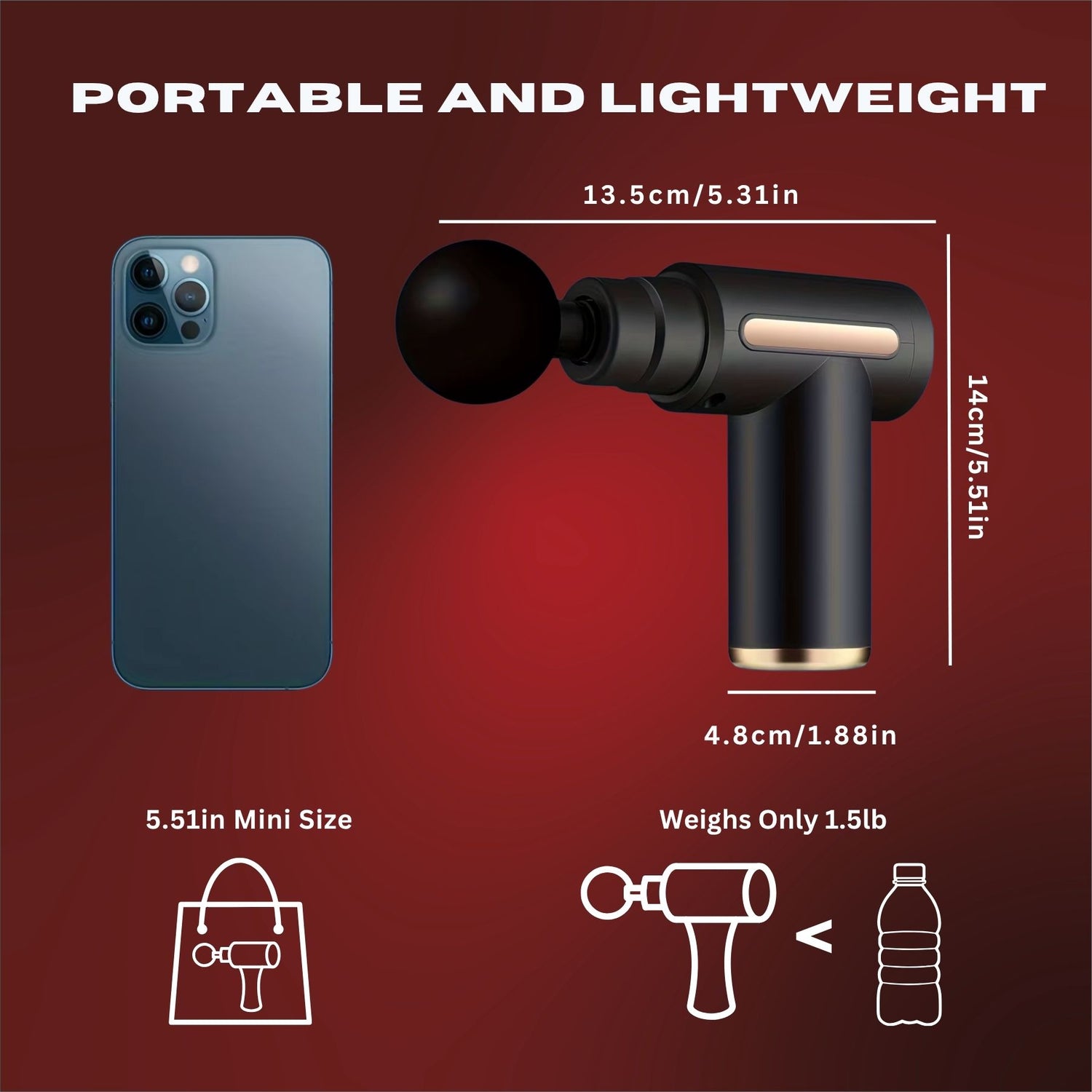 Portable massage gun with dimensions compared to a smartphone on a red background