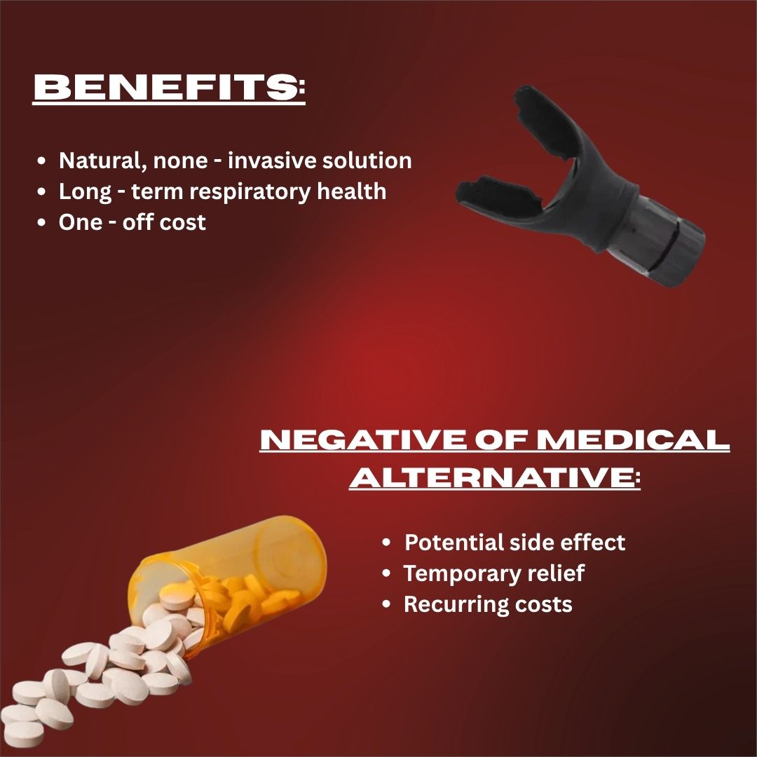 Product advertisement with benefits and negative aspects on a red background