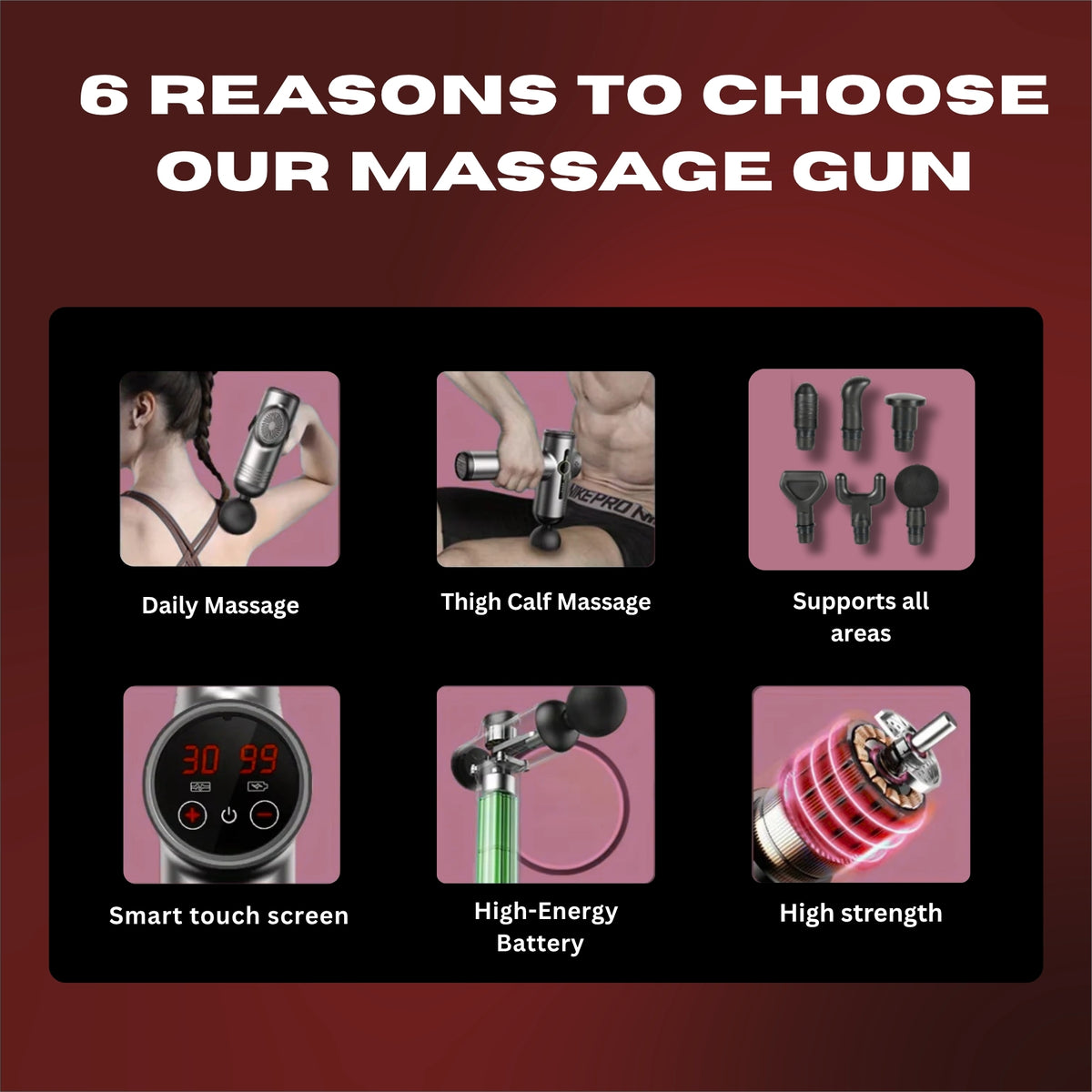 Promotional graphic for a massage gun with features and benefits highlighted.