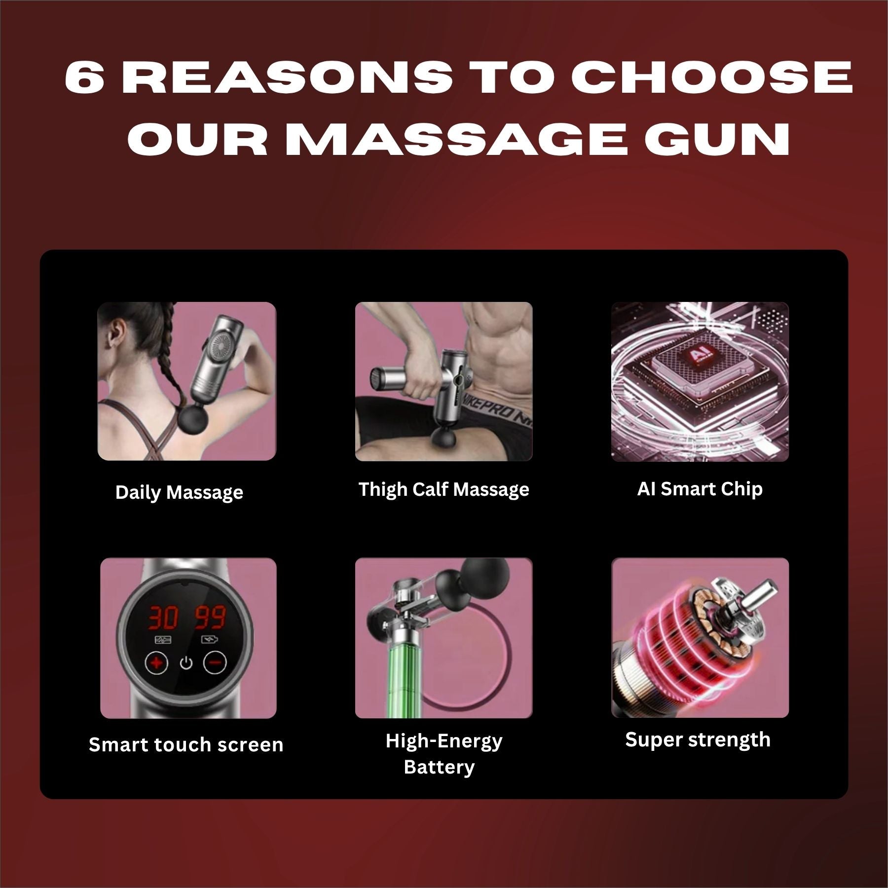 Promotional graphic for a massage gun with features and benefits highlighted.